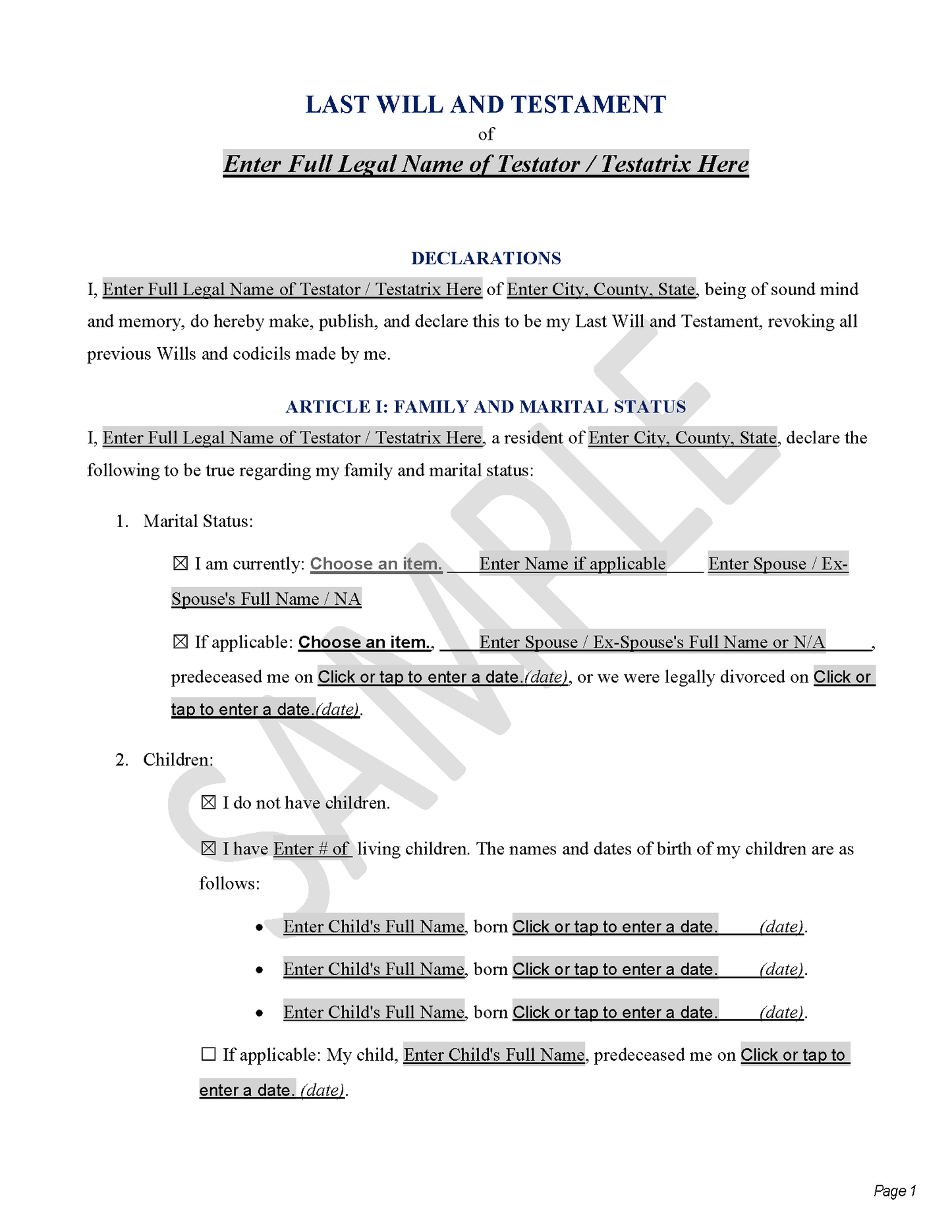 Last Will & Testament Template Package